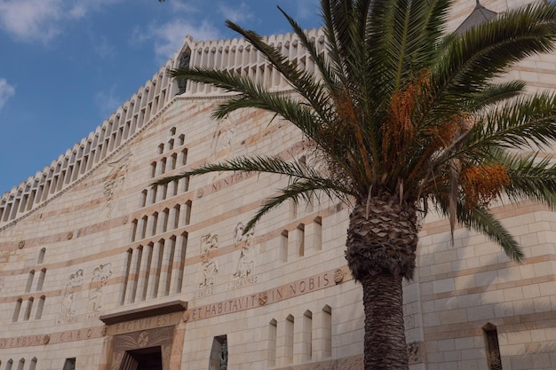 Palmier avec dates ciel bleu et Basilique de l'Annonciation à Nazareth Nuages légers journée ensoleillée Photo de haute qualité