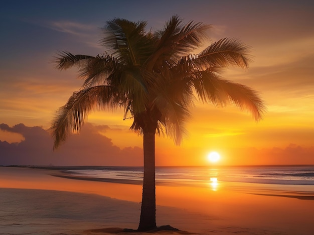 un palmier est devant un coucher de soleil