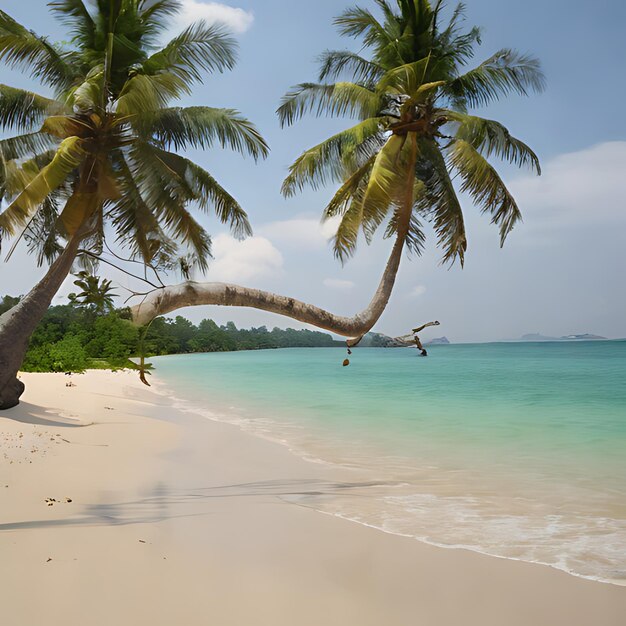 Un palmier est sur la plage et l'océan est bleu.