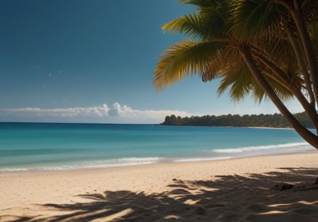 Un palmier est sur la plage et l'océan est bleu.