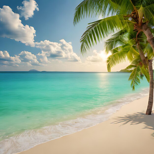 Un palmier est sur la plage et le soleil se couche.