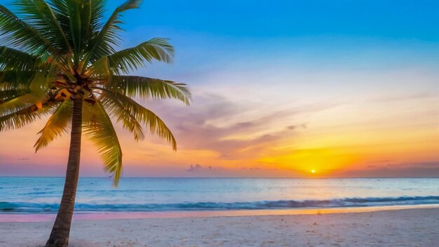 Un palmier est sur la plage et le soleil se couche.