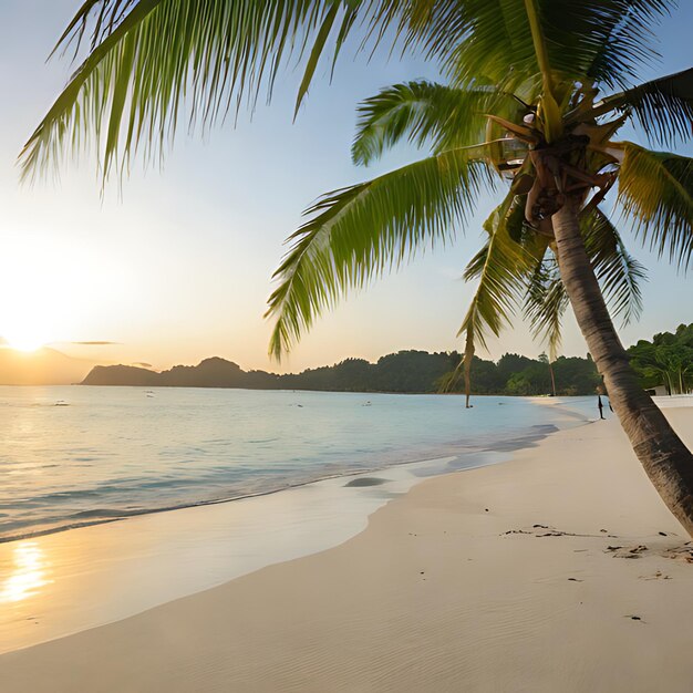 Photo un palmier est sur la plage et le soleil se couche.