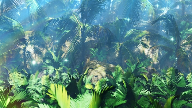 Photo palmier d'été dans le fond de la jungle pour la publicité dans la nature et la scène publicitaire