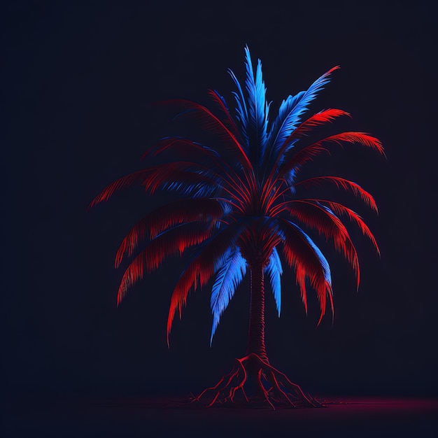 Un palmier avec des feuilles rouges et bleues au milieu