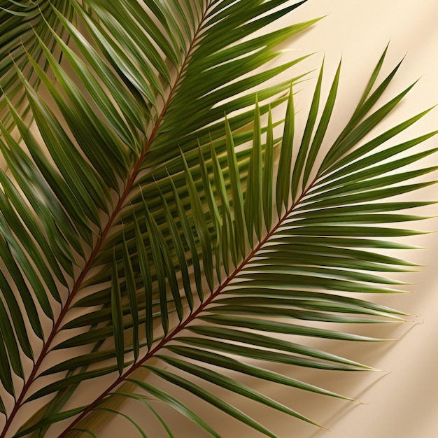 Un palmier avec des feuilles vertes et le soleil qui brille dessus.