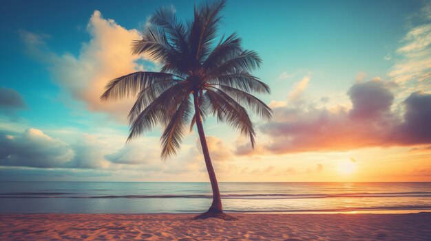 Un palmier à noix de coco sur la plage avec la lumière du soleil en été