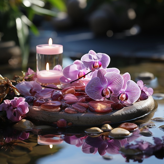 palmier d'orchidée violette et pierres avec ombre dure dans l'eau fond de spa abstrait