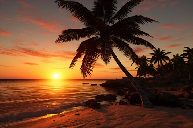 Un palmier sur la plage au coucher du soleil