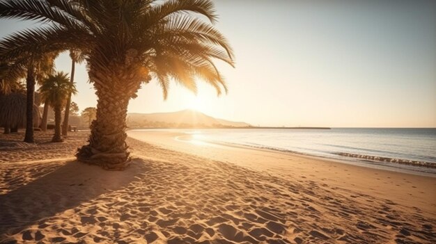 Un palmier sur une plage au coucher du soleil