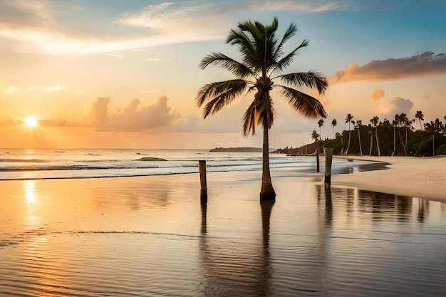 Un palmier sur la plage au coucher du soleil