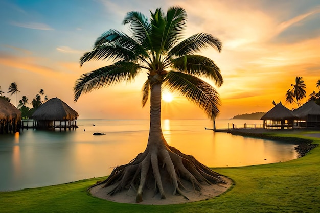 Un palmier sur la plage au coucher du soleil