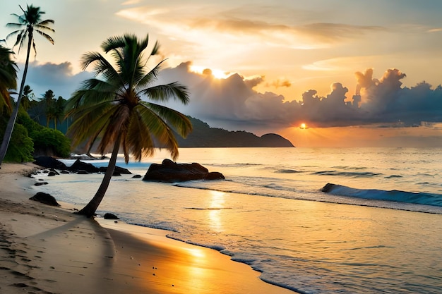 Un palmier sur une plage au coucher du soleil