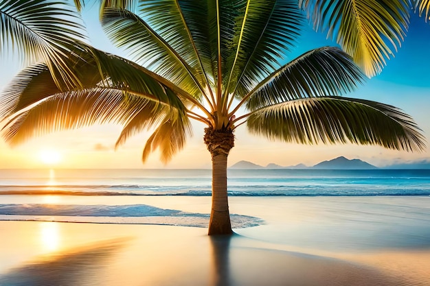 Photo palmier sur la plage au coucher du soleil