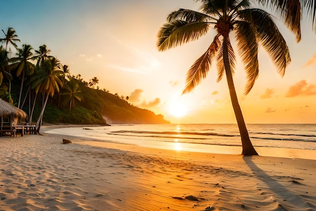 Un palmier sur une plage au coucher du soleil