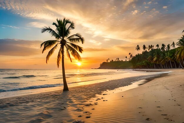 Un palmier sur une plage au coucher du soleil