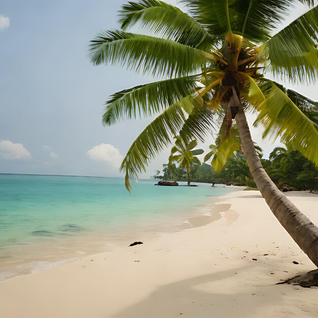 Photo un palmier sur une plage avec un ciel bleu et l'océan en arrière-plan