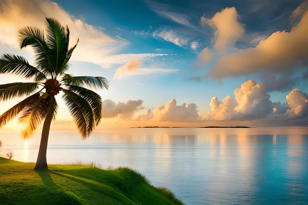 Un palmier sur la plage avec le coucher de soleil derrière lui