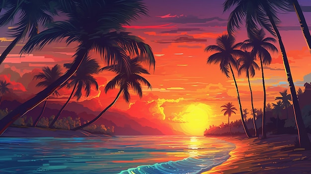 Palmier sur la plage avec coucher de soleil sur fond IA générative