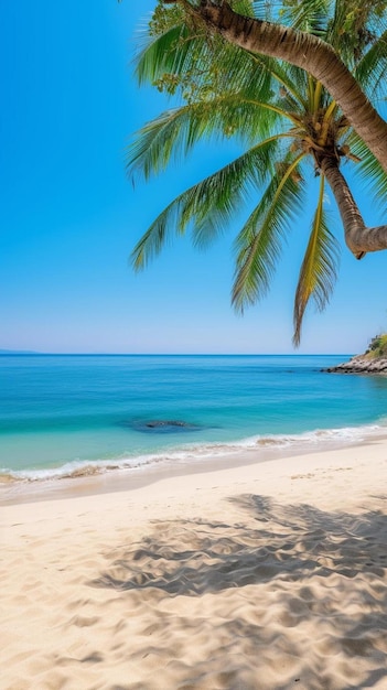 un palmier sur une plage avec une eau bleue et un palmier