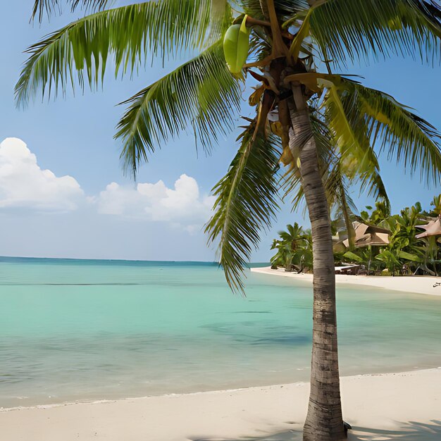 un palmier sur une plage avec une maison en arrière-plan