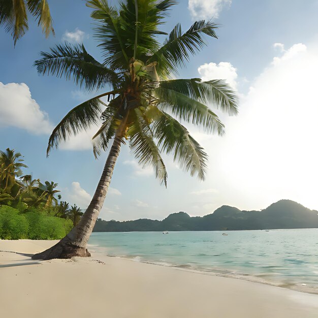 Photo un palmier sur une plage avec des montagnes en arrière-plan