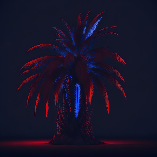 Un palmier rouge et bleu est éclairé dans une pièce sombre.