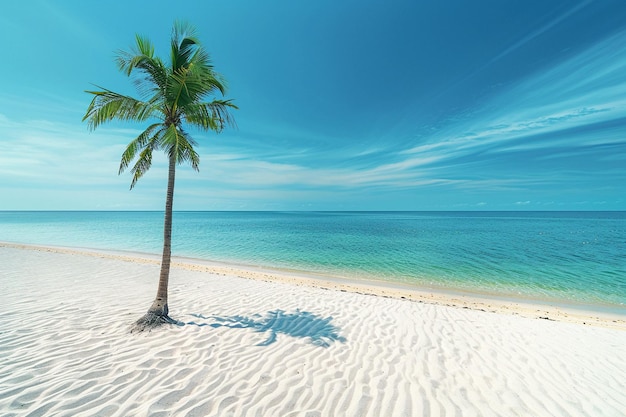 Le palmier se dresse sur la rive de sable de la belle mer azur arrière-plan pour les vacances d'été exotiques