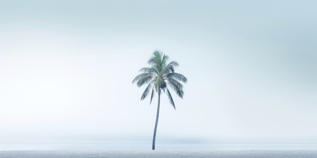 Un palmier solitaire sur une plage blanche un sae calme avec de la brume un paysage calme au bord de la mer une IA générative