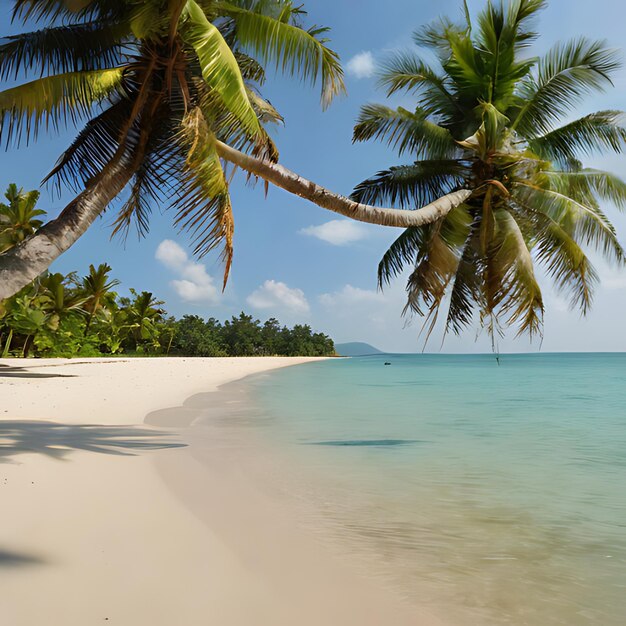 Photo un palmier suspendu au-dessus de l'océan et une plage avec un bateau en arrière-plan