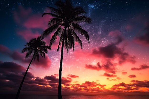 Palmier tropical au coucher du soleil sous le ciel coucher de soleil de la galaxie