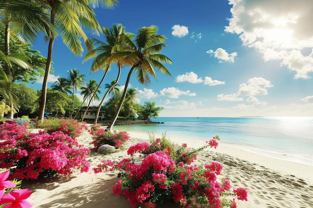 Palmier tropical ensoleillé et paradis de fleurs vue sur le paysage de la plage