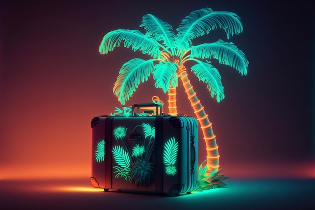 Palmier et valise devant le concept de vacances et de voyage de fond de couleur néon