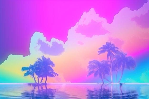 Palmiers et arc-en-ciel paysage des années 80 dans le style vaporwave Arrière-plan de vacances Retrowave avec coucher de soleil tropical et palmiers Généré par l'IA