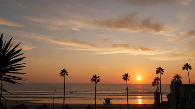 Palmiers et ciel coucher de soleil, esthétique californienne. Ambiance de Los Angeles. Tour de guet de sauveteur, cabane de tour de guet