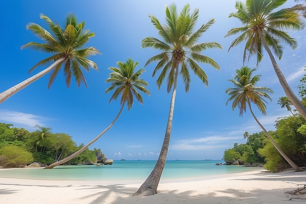 Des palmiers de coco sur une plage de sable blanc et un ciel bleu dans le sud de la Thaïlande