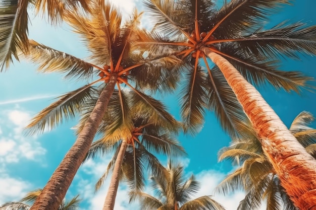 Palmiers contre le ciel bleu Palmiers sur la côte tropicale vintage tonné et stylisé noix de coco arbre d'été arbre rétro IA générative