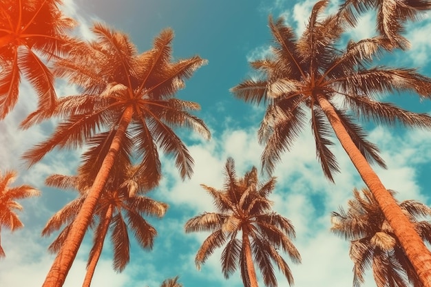 Palmiers contre le ciel bleu Palmiers sur la côte tropicale vintage tonné et stylisé noix de coco arbre d'été arbre rétro IA générative