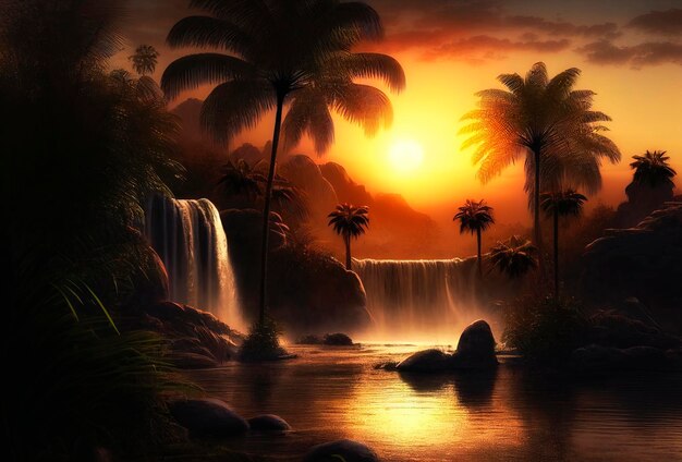 Palmiers contre ciel coucher de soleil côte tropicale avec cascade et montagnes sur un lac de rivière de fond