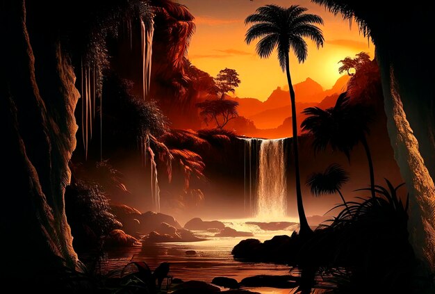 Palmiers contre ciel coucher de soleil côte tropicale avec cascade et montagnes sur un lac de rivière de fond