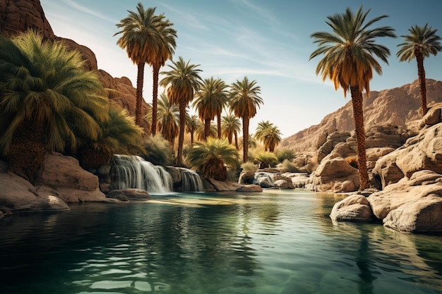 Des palmiers dans le désert avec une cascade et une cascade.