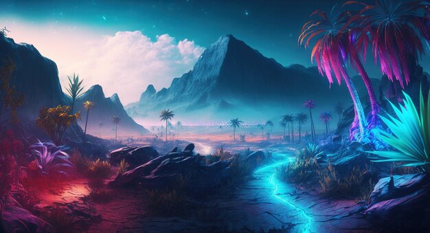 Palmiers dans le désert avec des montagnes en arrière-plan Paysage synthwave de couleur néon AI générative