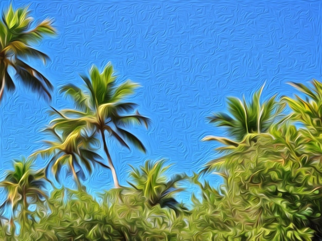 Des palmiers exotiques tropicaux sur le fond d'un ciel bleu clair dessinant et gravant