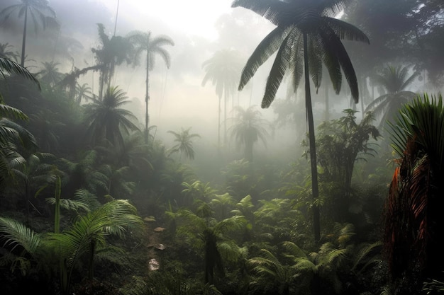 Des palmiers exotiques verts poussent dans la forêt tropicale contre des arbres sombres.
