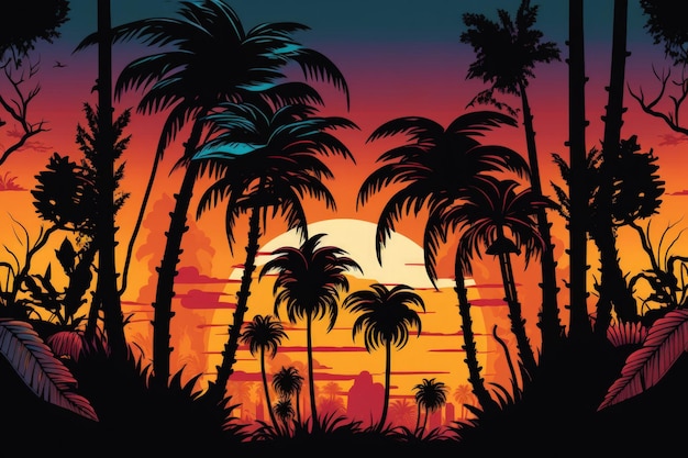 Des palmiers sur fond de magnifique coucher de soleil