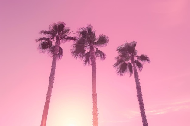 des palmiers sur le fond rose du ciel au coucher du soleil
