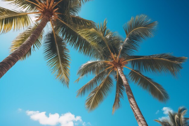 des palmiers en gros plan sur le fond bleu du ciel vue de dessous