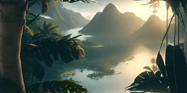 Des palmiers sur des îles dans l'eau sur fond de montagnes