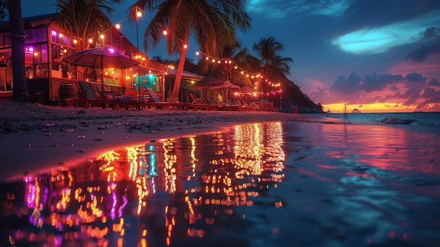 Des palmiers et des lumières reflétées dans l'eau de la plage