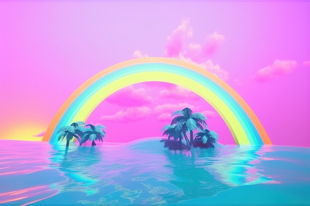 Palmiers et paysage arc-en-ciel des années 80 dans le style vaporwave Arrière-plan de vacances Retrowave avec coucher de soleil tropical et palmiers AI généré